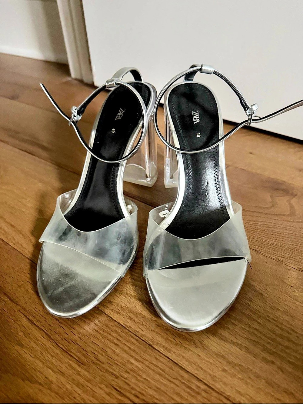 ZARA Clear Silver Block Heel Sandals Like New